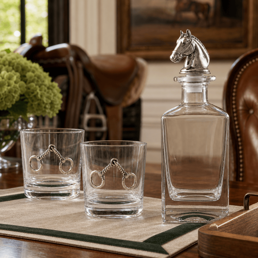 A clear glass decanter with a polished silver horse-head stopper stands beside two matching clear glasses with silver horse-bit details, arranged on a woven placemat over a wooden table in a styled interior setting.