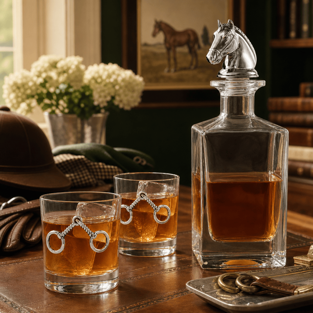 A clear glass decanter with a horse-head stopper and two matching small glasses with horse-bit shaped silver accents, filled with amber liquor, arranged on a wooden table in a styled interior setting.