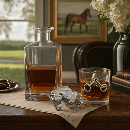 A clear glass decanter filled with amber liquor and a matching lowball glass with a horsebit-shaped ice holder, set on a wooden table in a styled interior with a window, framed horse artwork, and flowers in the background.