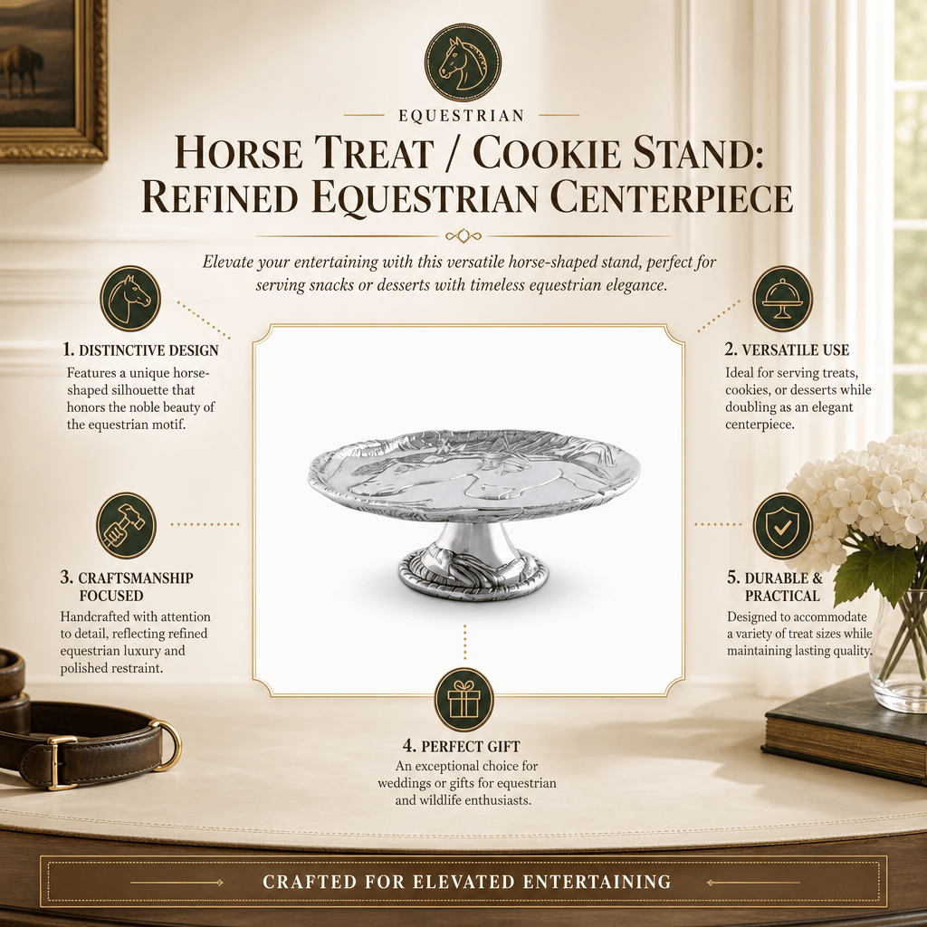 An equestrian-themed product infographic for a horse treat or cookie stand, featuring a central silver horse-shaped stand on a pedestal. The graphic includes descriptive text, five numbered feature callouts with icons, and decorative elements like a leather belt, book, and flowers against a warm cream background.