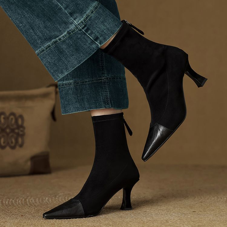 Women's Retro Pointed-Toe Patchwork Slim Mid-Calf Boots | Sheepskin Upper | Black & Brown