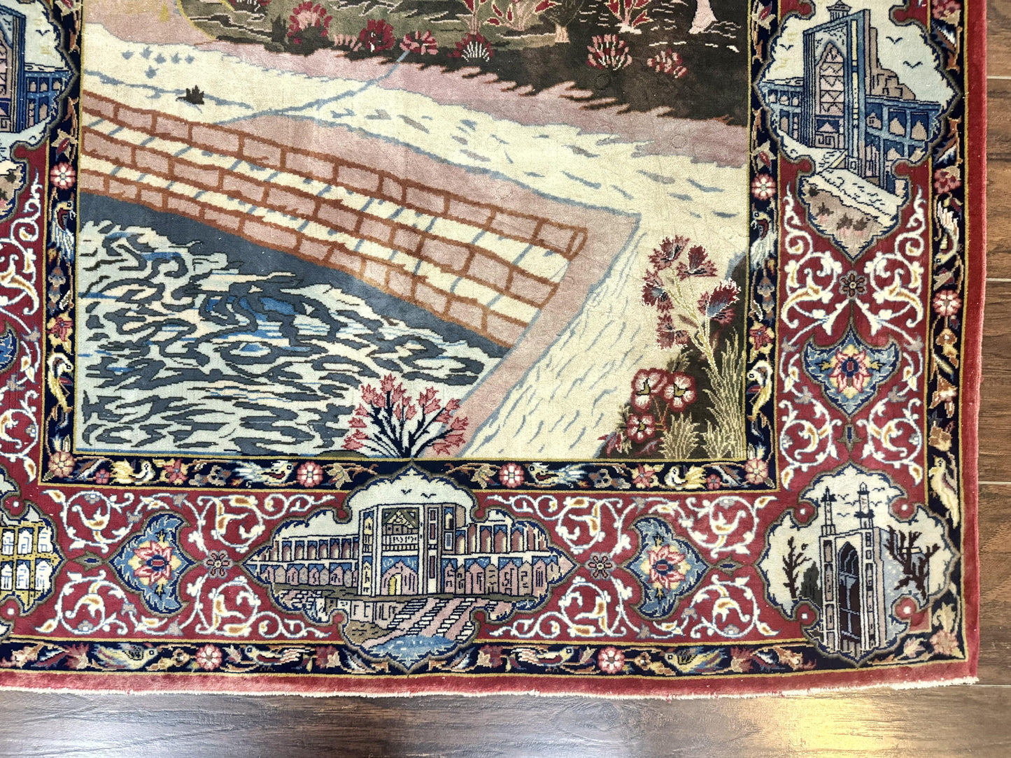 Persian Isfahan Pictorial Rug 3.6 x 5.7, Very Fine 400 KPSI, Historical Buildings, Signed By Masterweaver, Handmade