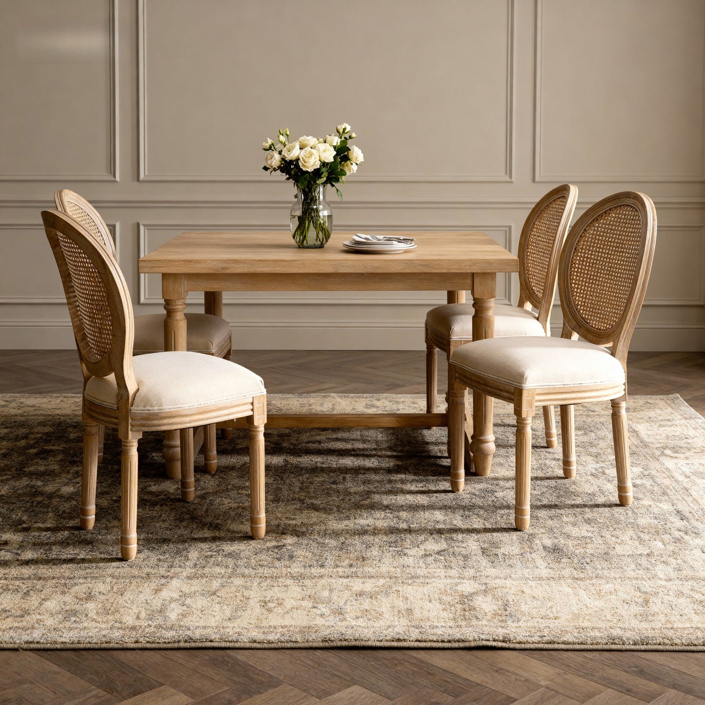 French Style Solid Wood Linen Fabric Rattan Back Dining Chair, Set of 2, Beige