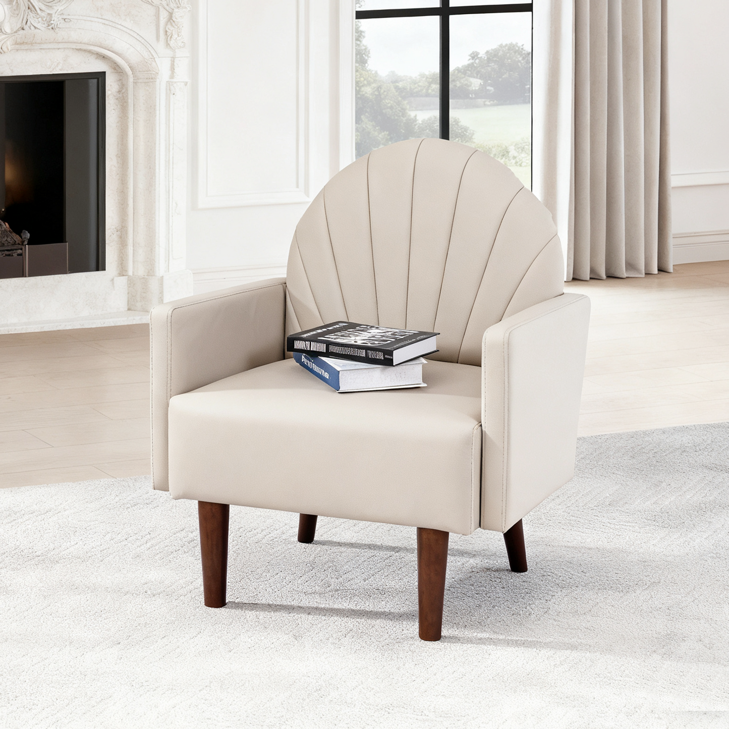 Accent Chair Shell-Shape PU Leather Khaki Solid Wood Legs Easy Assembly