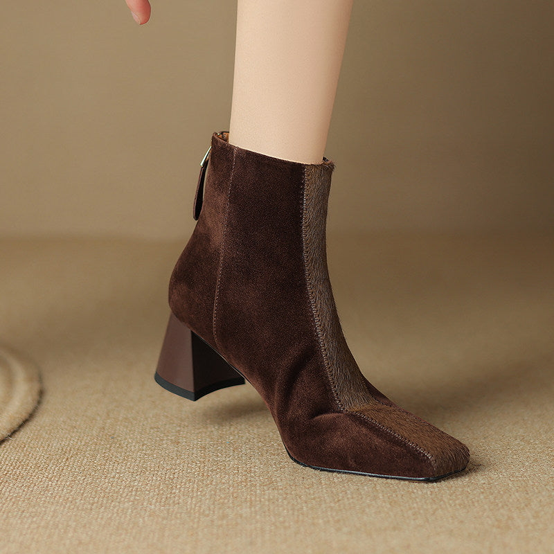 Women's Square-Toe Chunky Heel Horsehair Short Boots – Sheepskin Winter Boots
