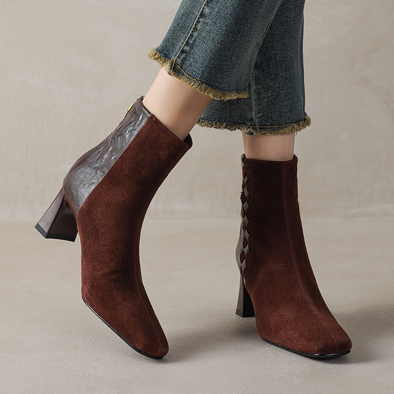 Women's Square Toe Chunky Heel Ankle Boots – Sheepskin Leather Patchwork