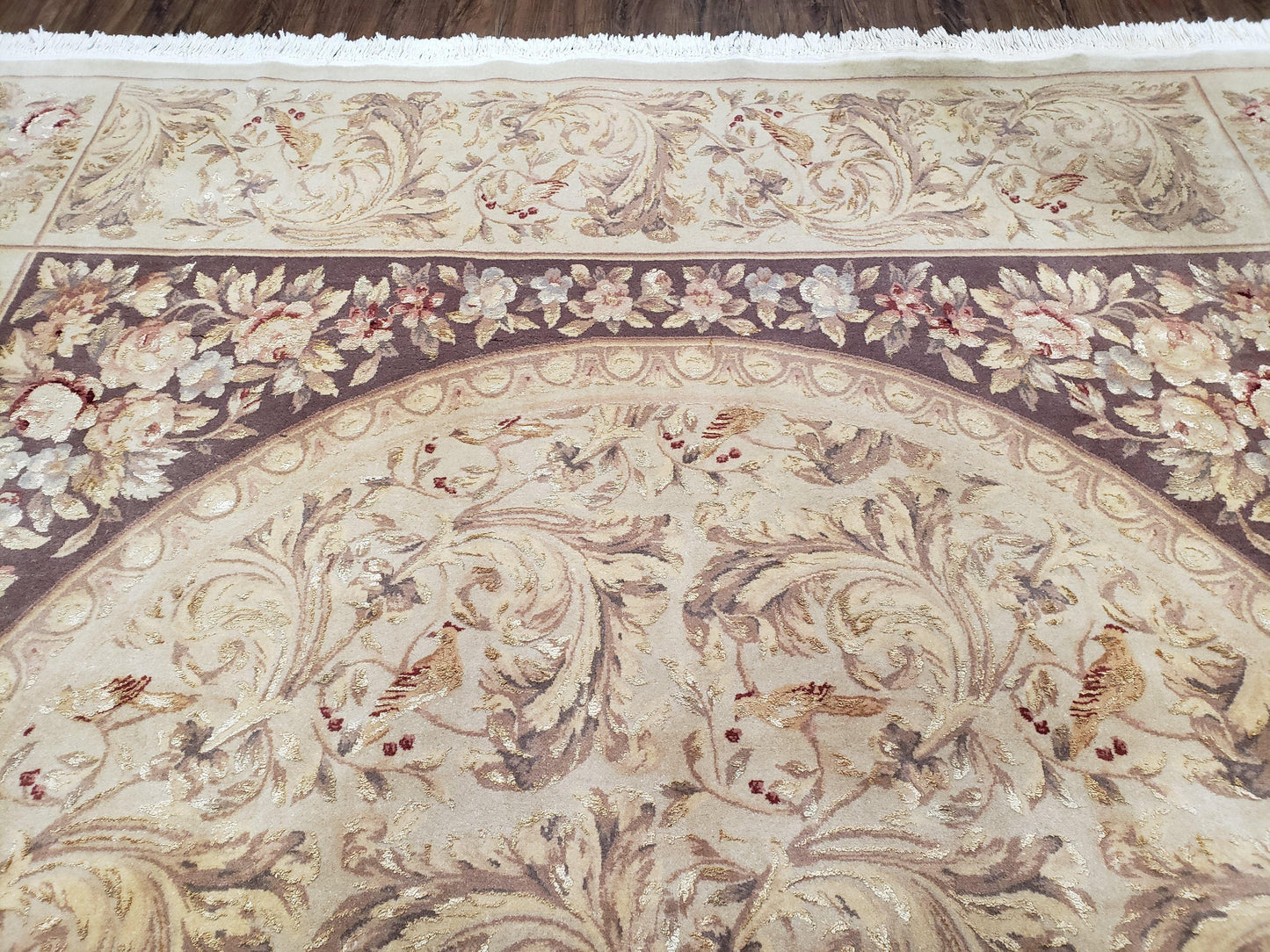 Chinese Aubusson Savonnerie Area Rug 8x12, Vintage 120 Line Carpet, Wool and Silk Hand-Knotted, Birds Flowers Master Weaver Signature
