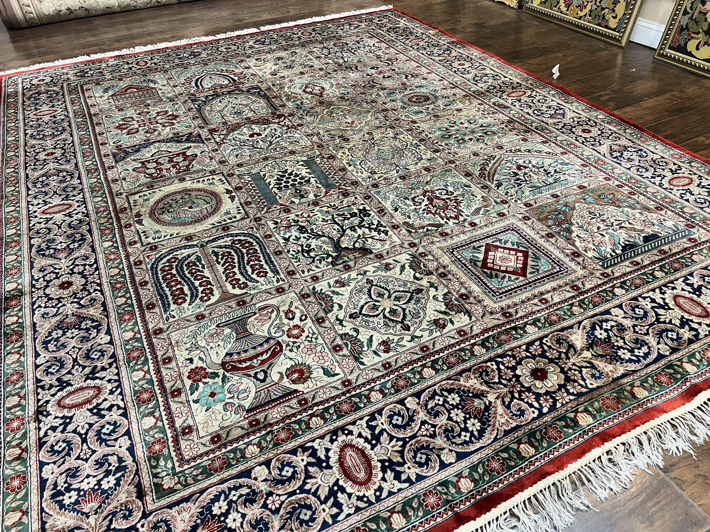 Silk Sino Persian Rug 9x12, Panel Design, Garden of Eden Pattern, Fine 200 KPSI, Hand Knotted Room Sized Silk Carpet, Vintage