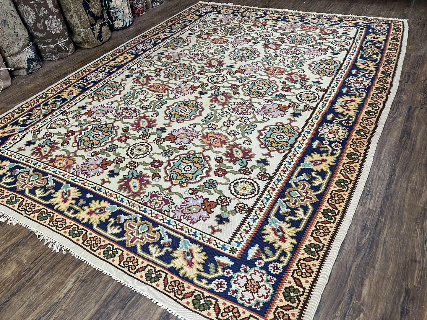 Antique Turkish Kilim Rug 7x10 Allover Pattern, Ivory Cream Maroon Light Blue, Wool Flatweave Hand Woven, Large Kilim, Vintage Kilim Carpet
