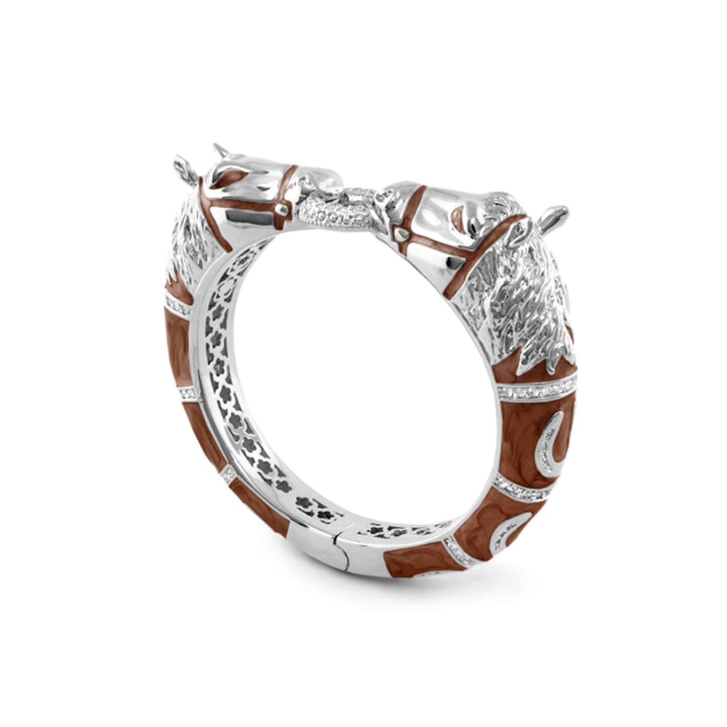 Equestrian Hinged Horse Head Bangle — Rhodium & Brown Enamel