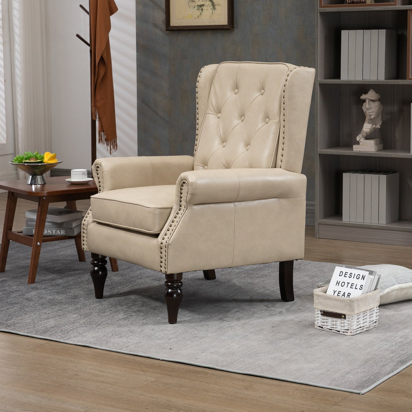 Accent Lounge Chair PU Leather Camel Rubber Wood Legs Sinuous Springs 250 LB