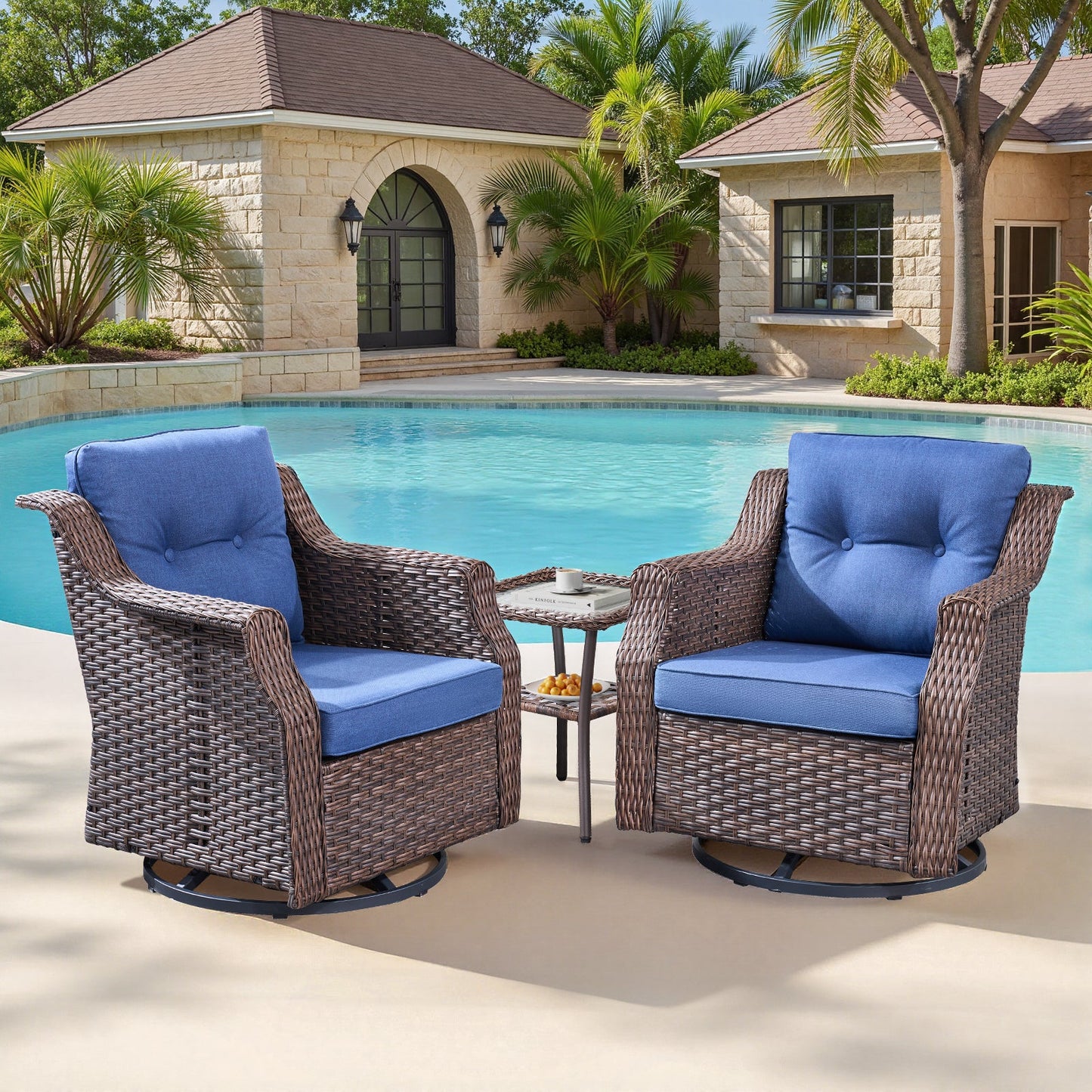 Outdoor Conversation Set PE Rattan Blue 3-Piece Seats 2 with Side Table