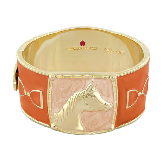 Pink Label Equestrian Bangle In 18K Gold Plated Brass With Hand Painted Orange Enamel