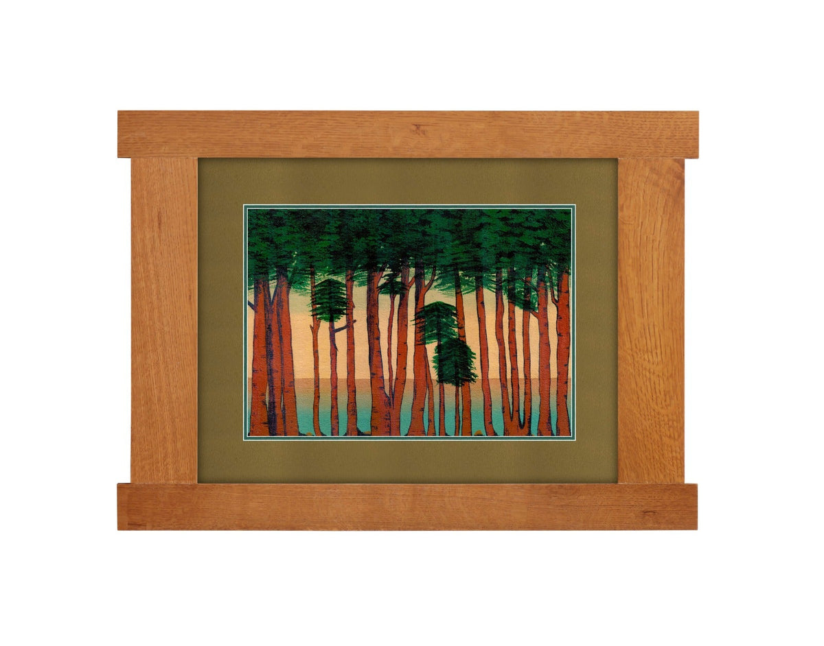 A framed art print depicting a stylized forest with tall reddish-brown tree trunks, dark green trees, and a teal sky, set within a brown wooden frame and olive-green mat on a white background.
