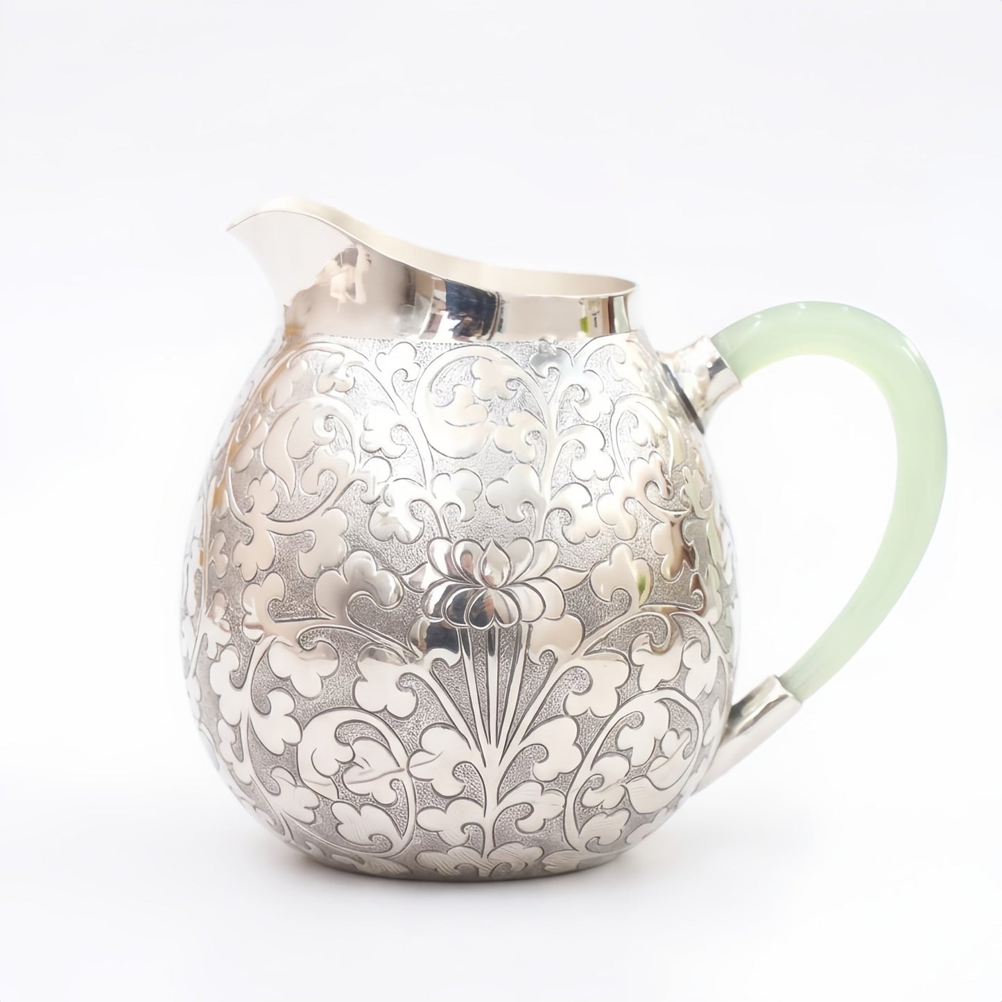 Pure 999 Fine Silver Elegant Ornate Silver Floral Engraved Pitcher Featuring a Delicate Pale Green Handle - Handicraft