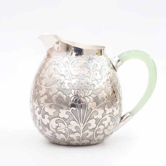 Pure 999 Fine Silver Elegant Ornate Silver Floral Engraved Pitcher Featuring a Delicate Pale Green Handle - Handicraft