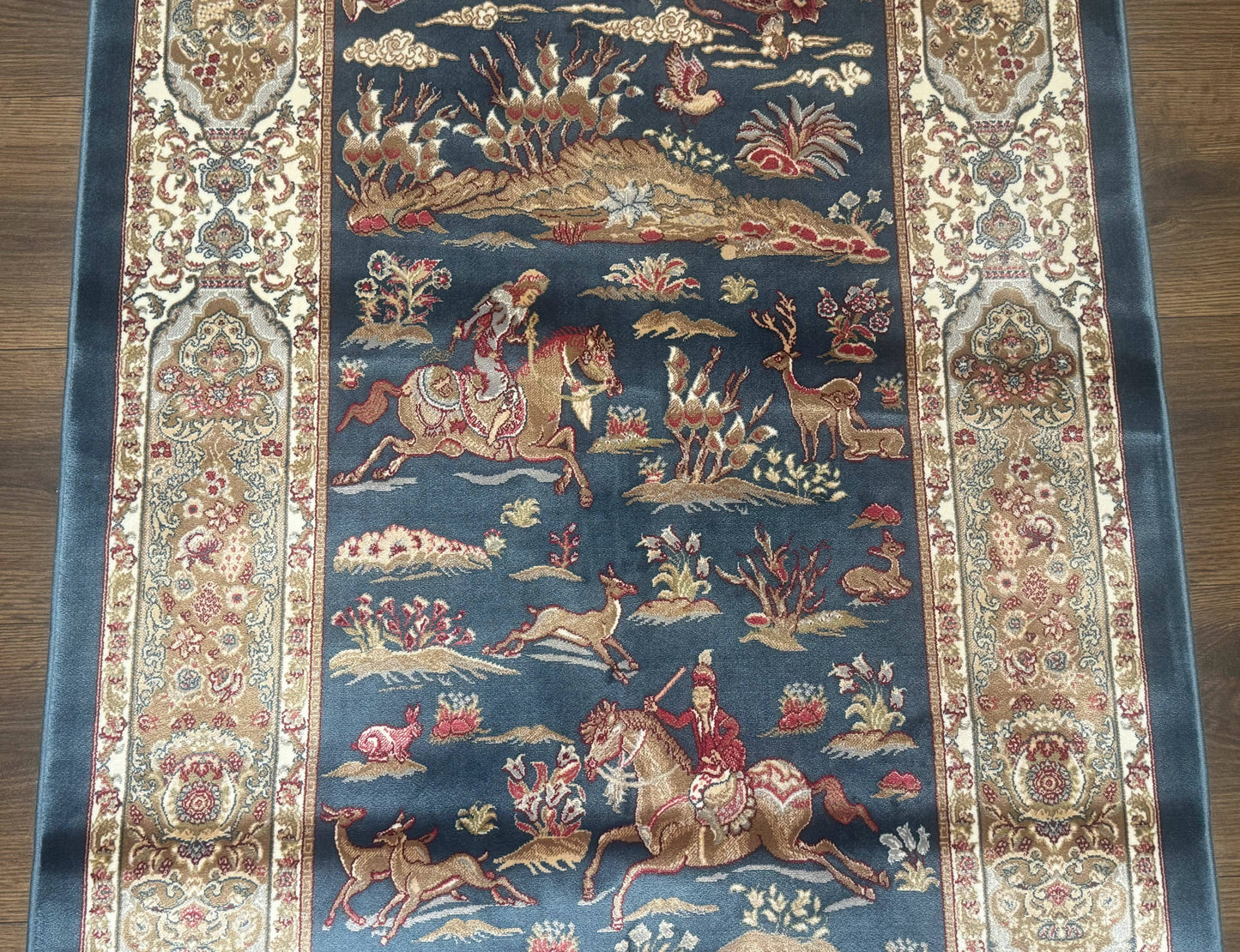 The Sporting Estate Turkish Hunting Scene Rug — Dark Steel Blue &amp; Ivory