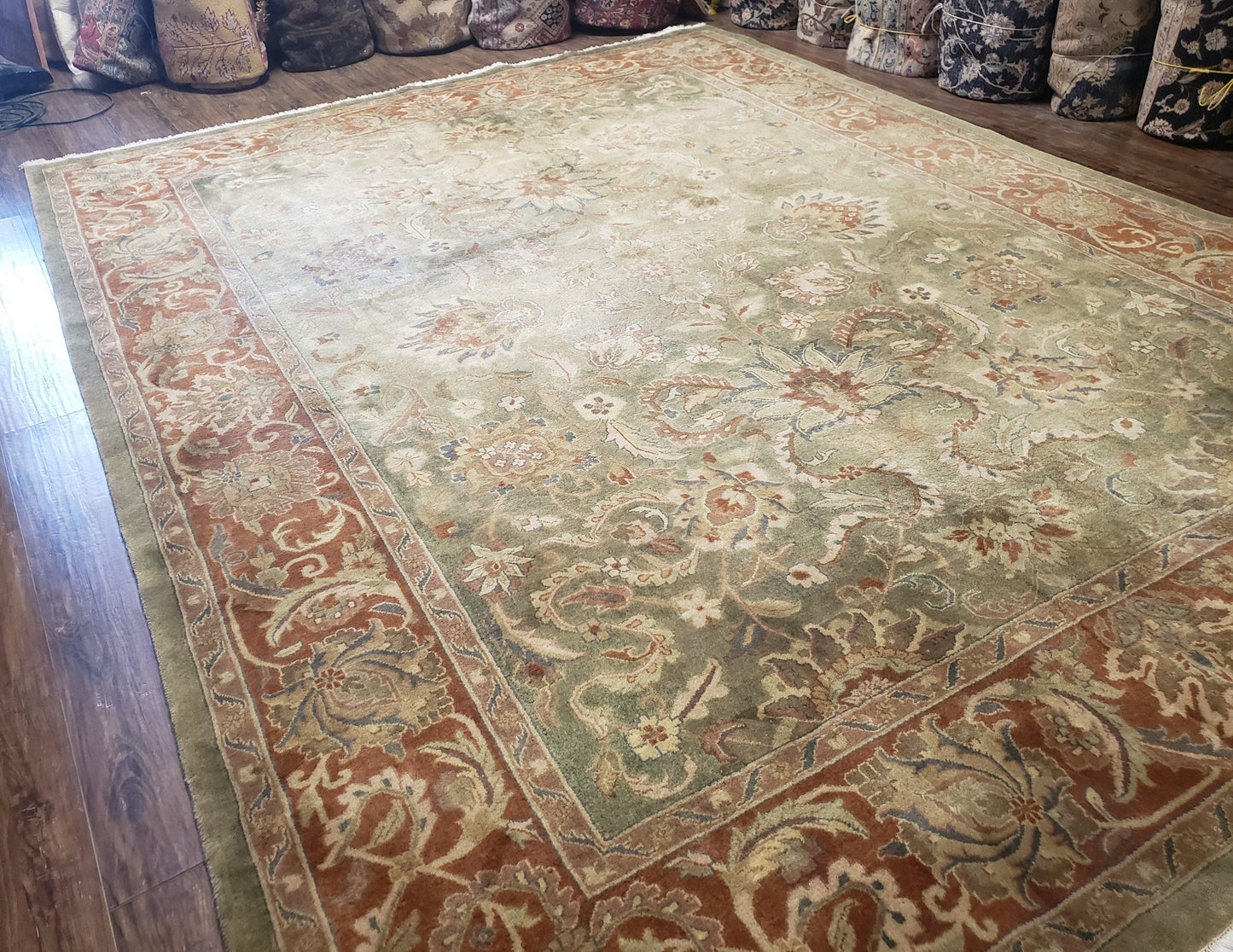 Green Indo Mahal Area Rug 9x12, Wool Hand-Knotted Carpet