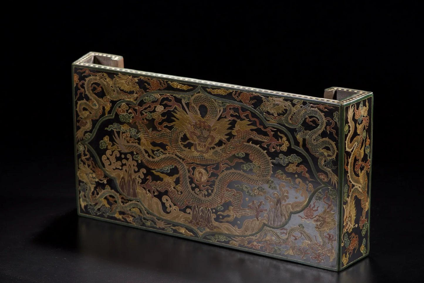 Vintage Chinese Wooden Lacquerware Altar Tea Table Outlined in Gold Dragon Design