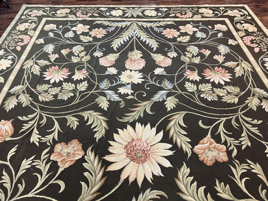Large Needlepoint Rug 11x16, Dark Green Floral Elegant European Design Vintage Wool Handmade Carpet, Palace Size Rug