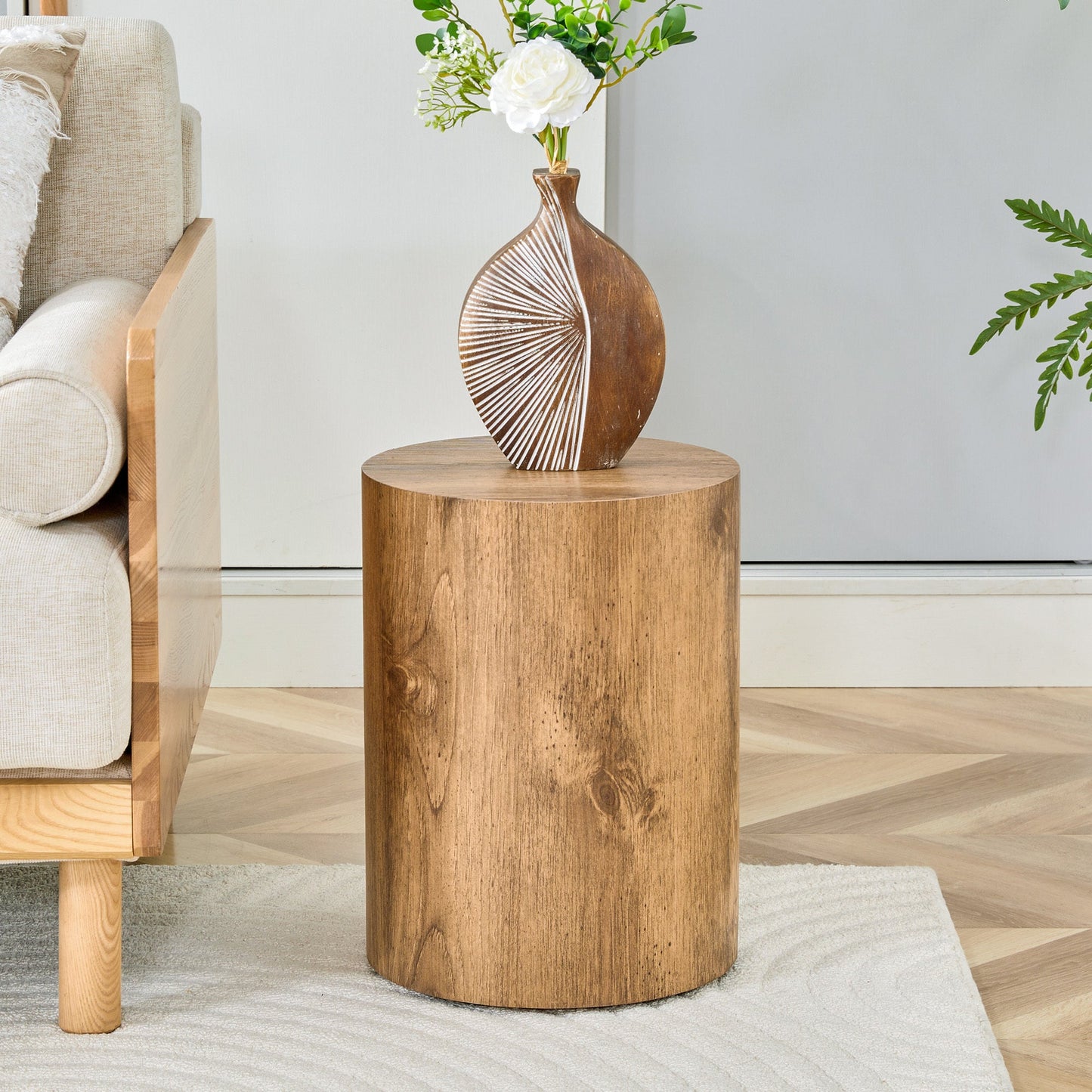 Modern Minimalist Set of Two Wood color Cylinder Coffee Tables