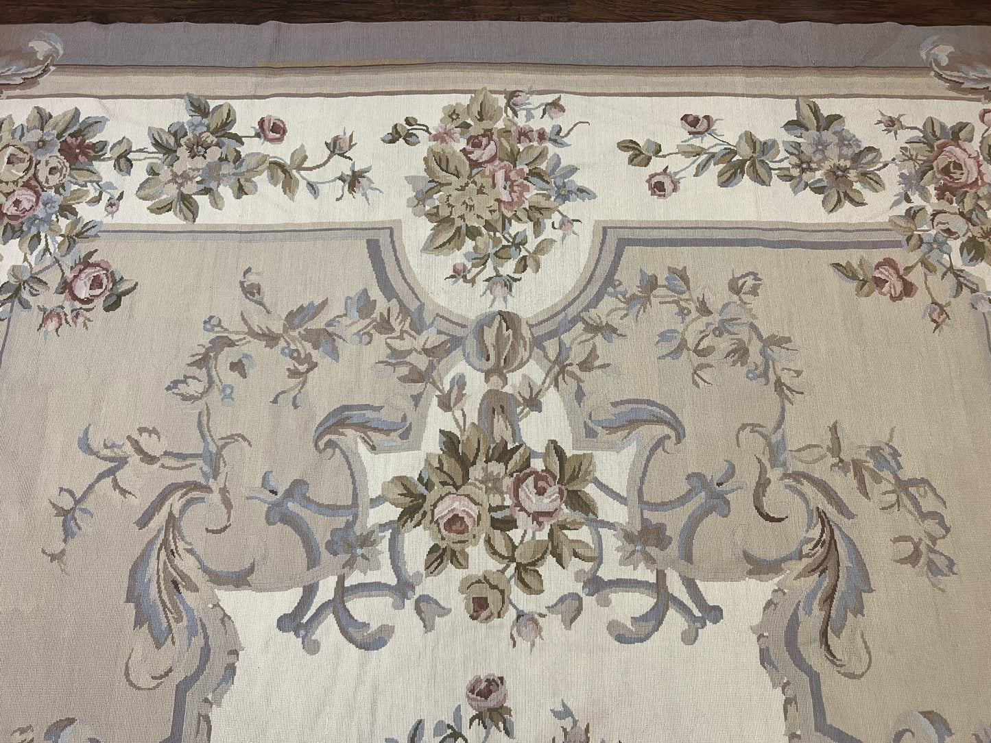 Aubusson Needlepoint Rug 9x12, VIntage Handmade Wool Beige Floral European Elegant Rug 9 x 12, Floral Roses