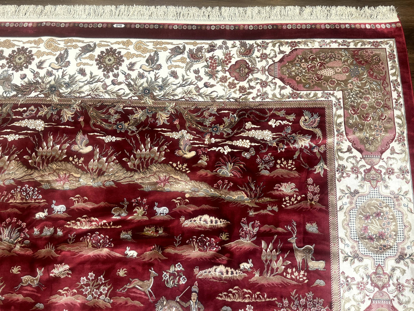 Turkish Silk Rug 8x10, Red & Ivory, Hunting Design, Bamboo Silk, New
