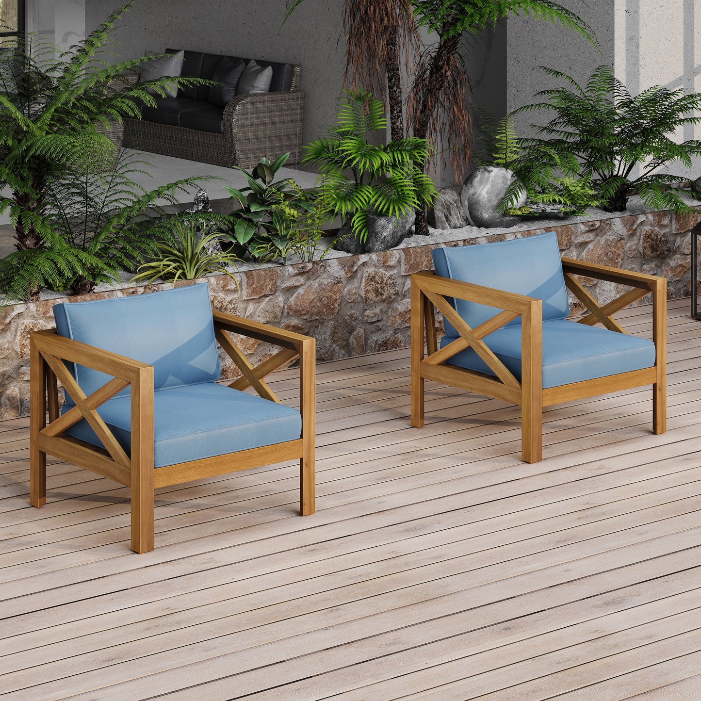 Patio Conversation Set Acacia Wood Armchairs Teak Finish Side Table Set of 2