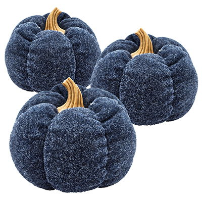 Set of four blue textured pumpkins with wooden stems on a white background