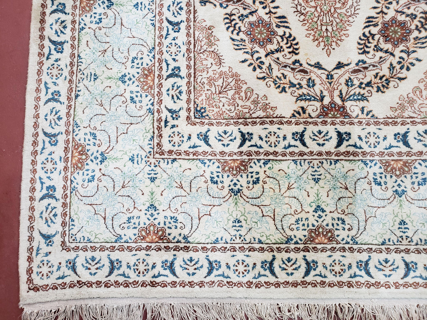 Fine Antique Persian Light Colored Kashan Carpet, 7x12, Top Quality, Rare, Ivory & Blues, Hand-Knotted, Wool