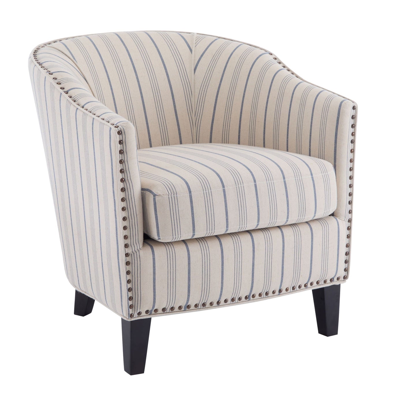 Transitional Upholstered Blue and Beige Stripe Barrel Chair with Birch Wood Legs