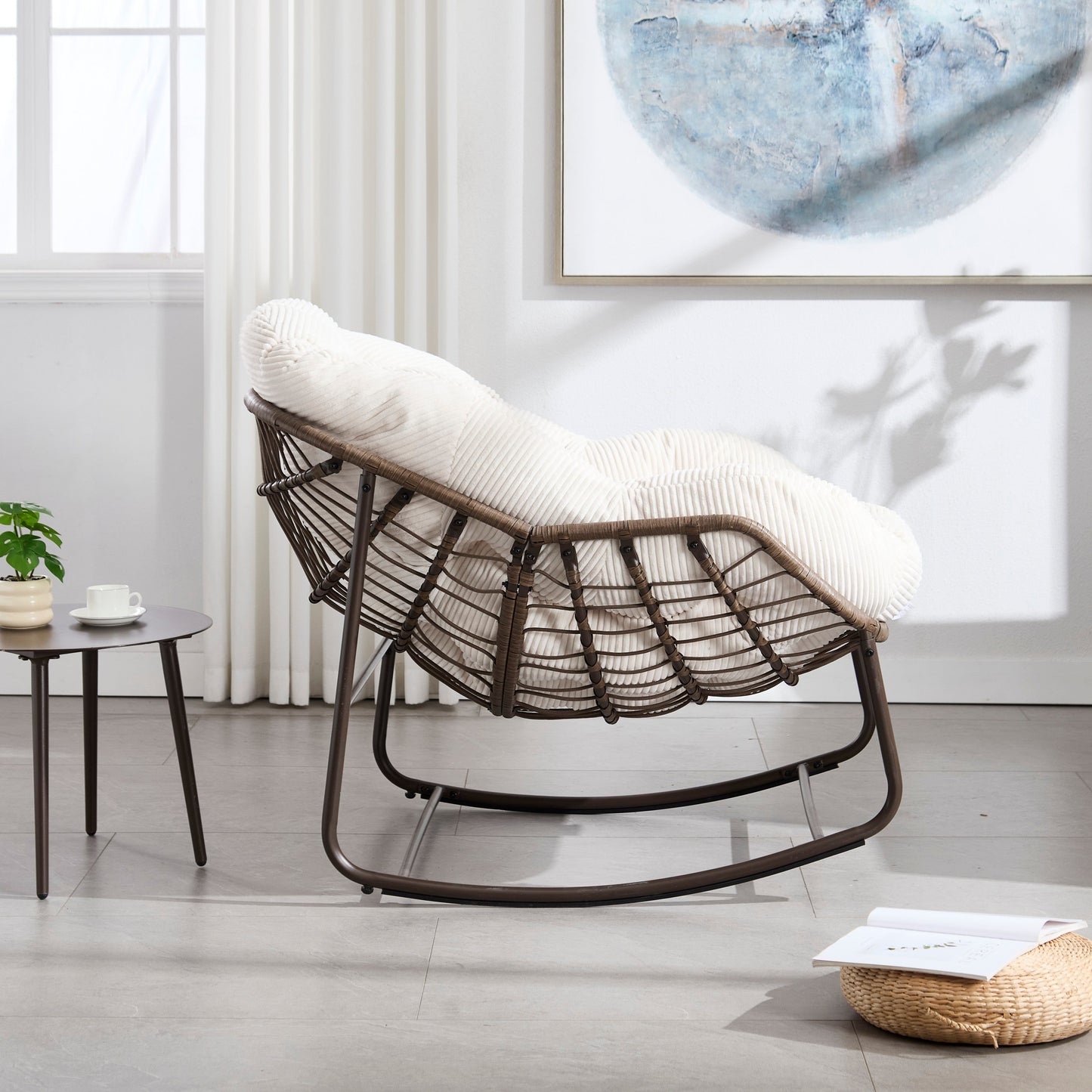 Rocking Chair Rattan Cushioned Seat White