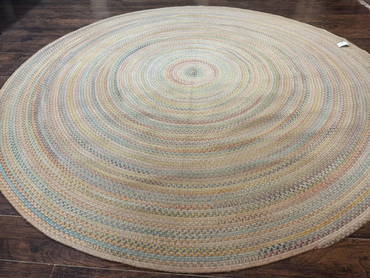 Large American Round Braided Rug 10x10, Multicolor, Vintage, Mid Century, Hand Braided