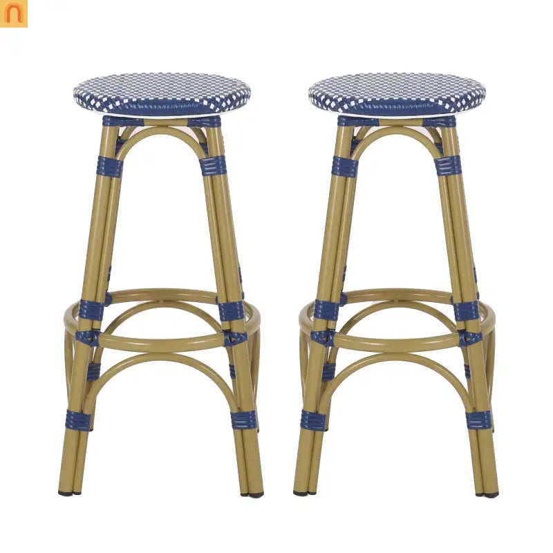 Bar Stool Set French Backless Pe Rattan Aluminum Navy Blue 29.5 Inch