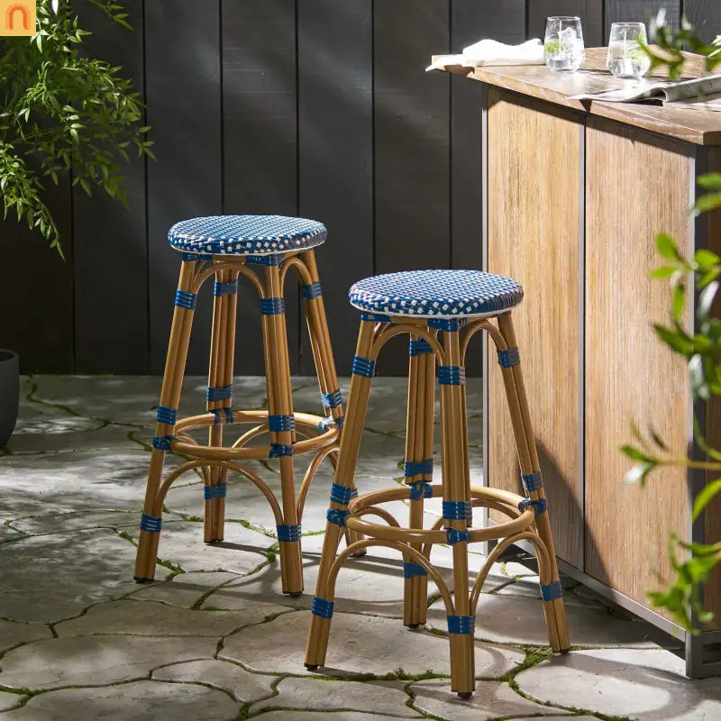 Bar Stool Set French Backless Pe Rattan Aluminum Navy Blue 29.5 Inch