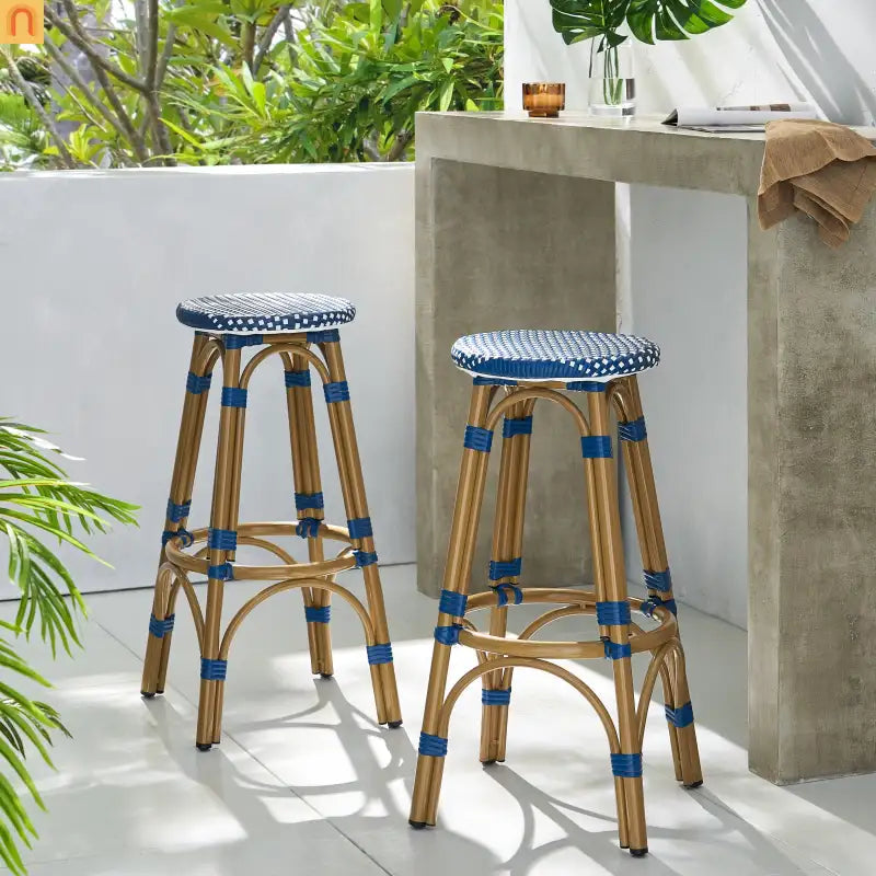 Bar Stool Set French Backless Pe Rattan Aluminum Navy Blue 29.5 Inch