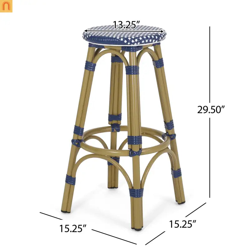Bar Stool Set French Backless Pe Rattan Aluminum Navy Blue 29.5 Inch