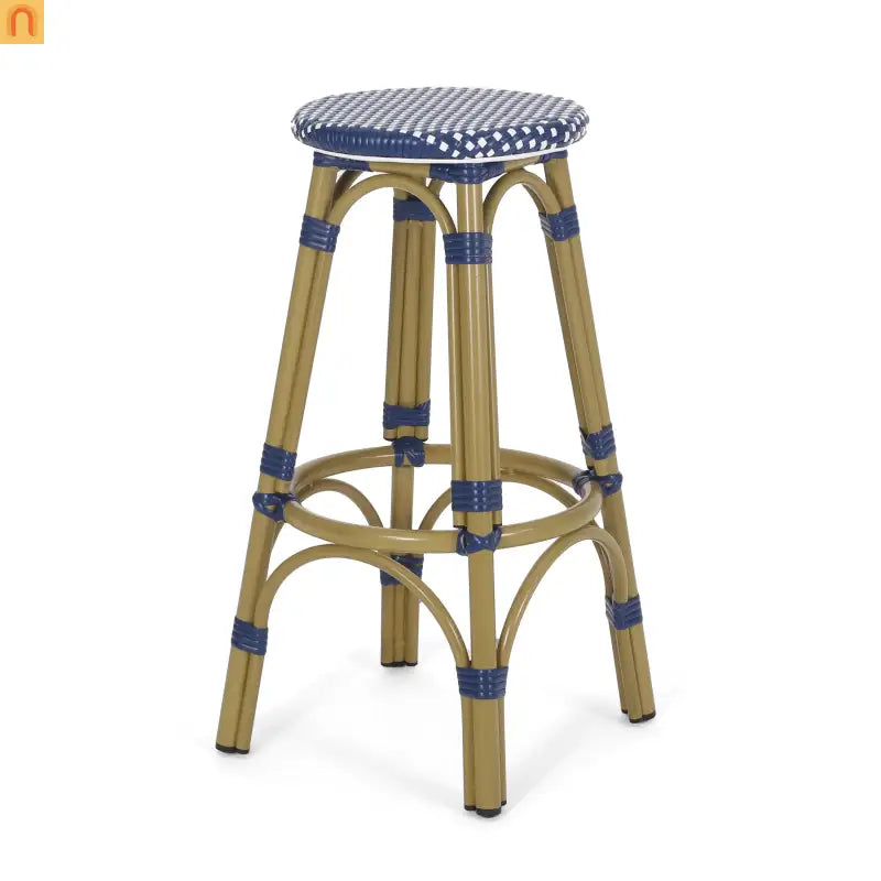 Bar Stool Set French Backless Pe Rattan Aluminum Navy Blue 29.5 Inch