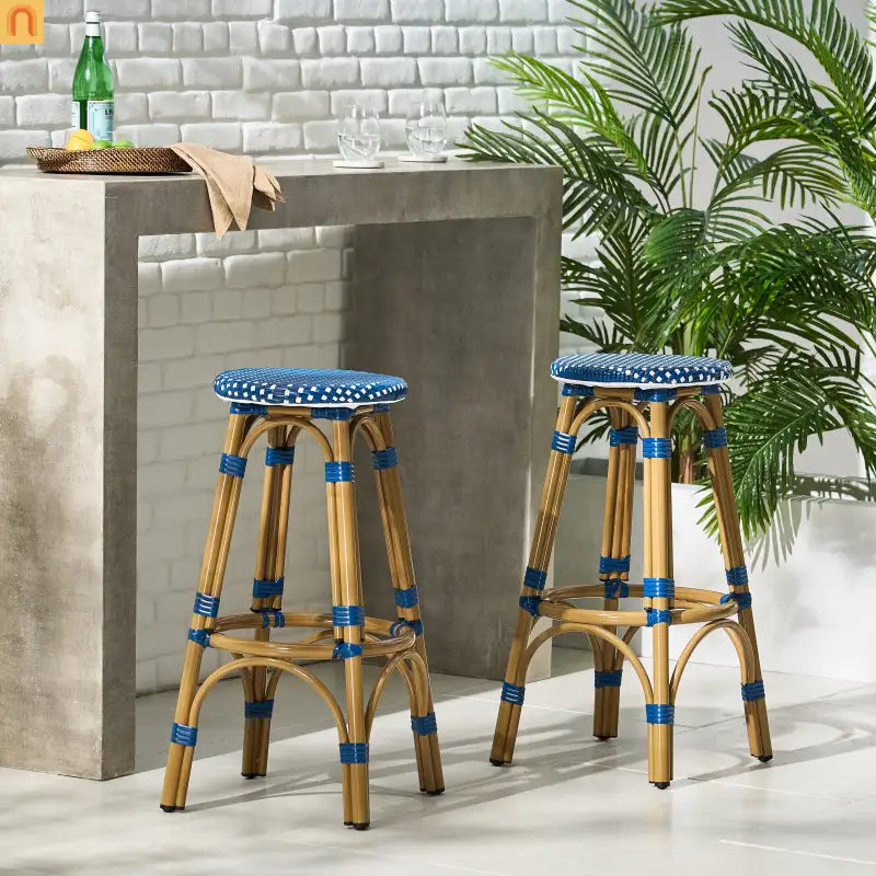 Bar Stool Set French Backless Pe Rattan Aluminum Navy Blue 29.5 Inch