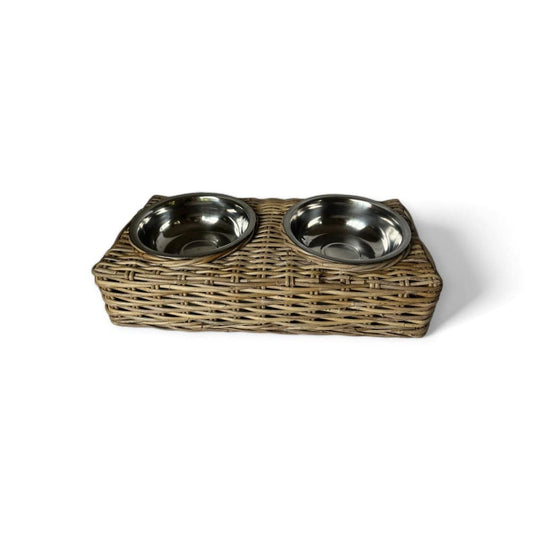 Handwoven Rattan Double Pet Feeder