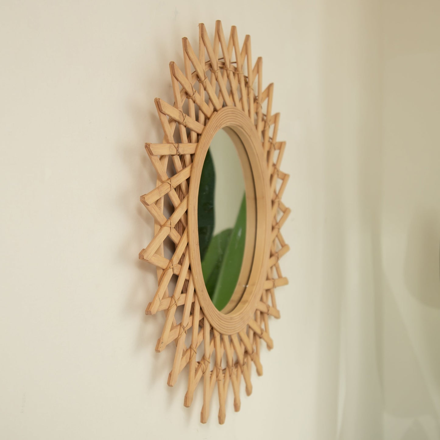 Wall Mirror Round Bamboo Hemp Rope Diamond Pattern Natural Boho 23.6 In