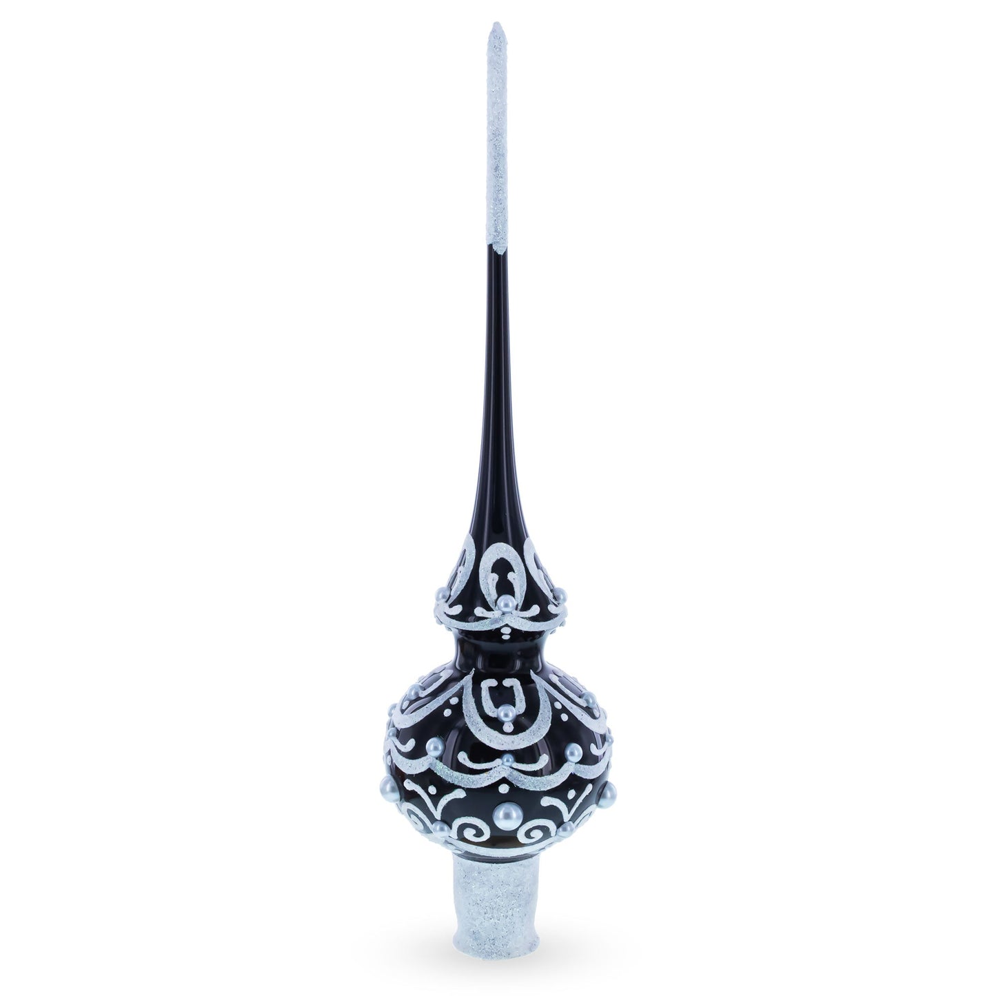 Black & White Scroll Pear Glass Christmas Tree Topper 11 Inches