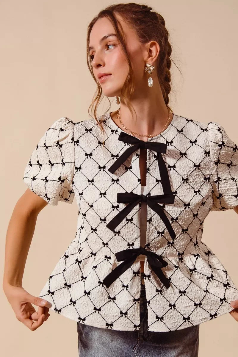 SO ME Bow Texture Woven Peplum Top With Contrast Tie