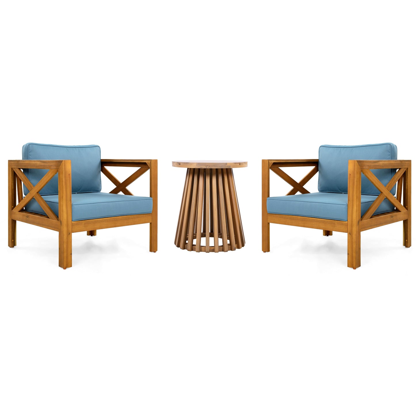 Patio Conversation Set Acacia Wood Armchairs Teak Finish Side Table Set of 2