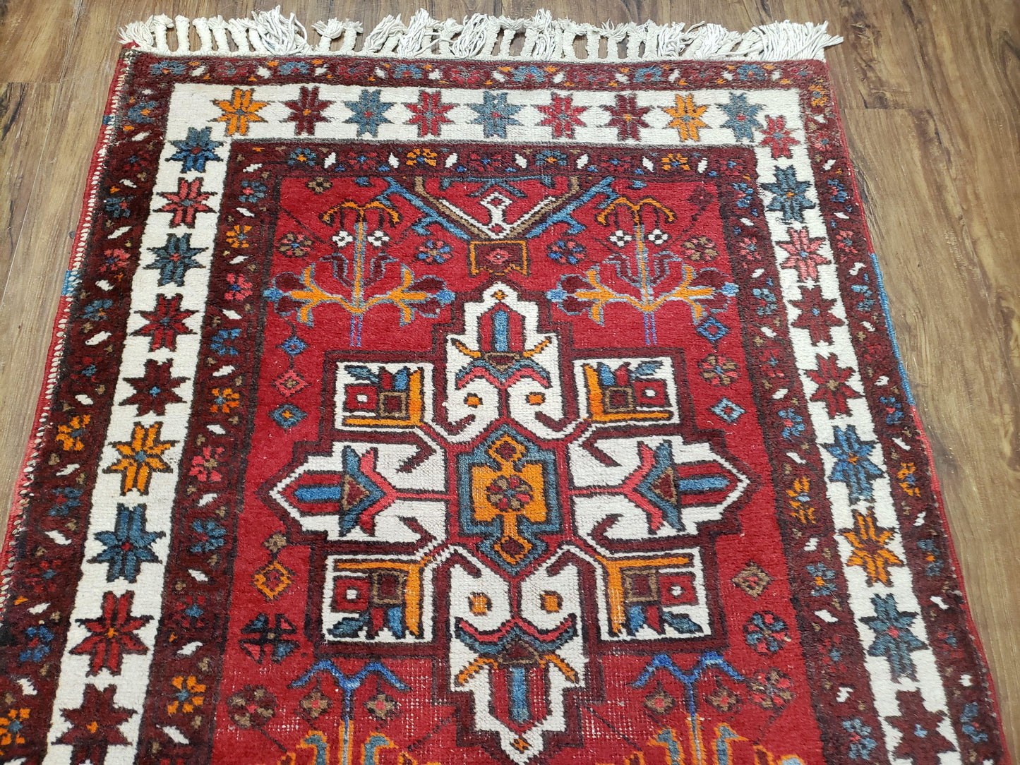 Antique Persian Heriz Karajeh Runner Rug 3x11, Hand-Knotted Red Geometric Medallions