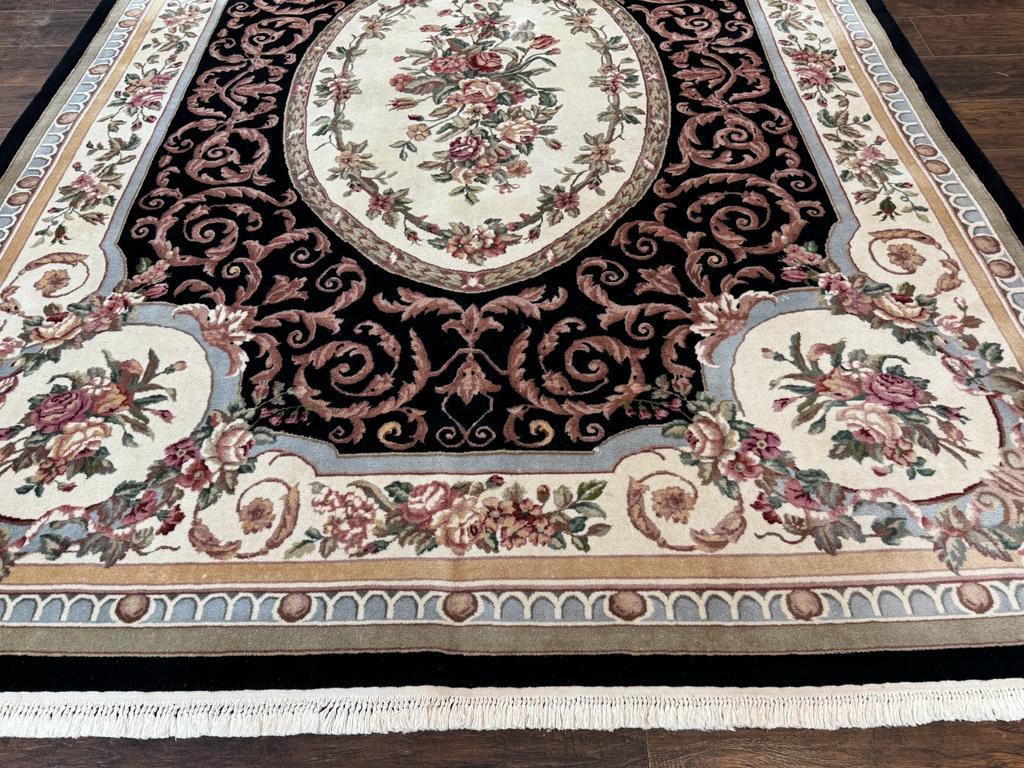 Aubusson Rug 8x10, Floral, Wool Pile, Elegant, European Design, Handmade, Fine