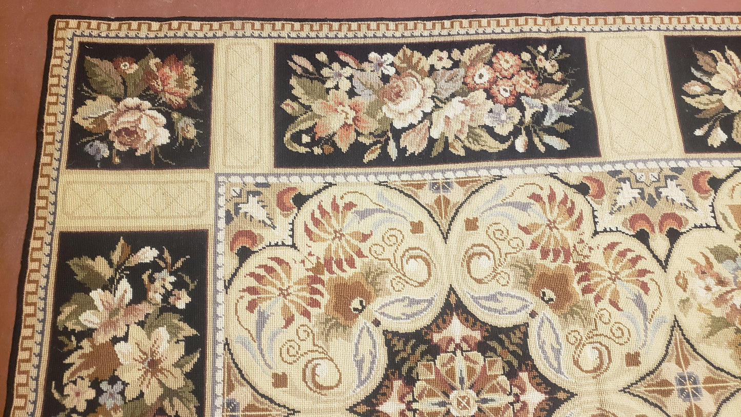 Needlepoint Rug 8x10ft Allover European Design Flowers 100% Wool Hand Knotted Aubusson Area Rug Brand New Flatweave Needle Point Carpet Chic