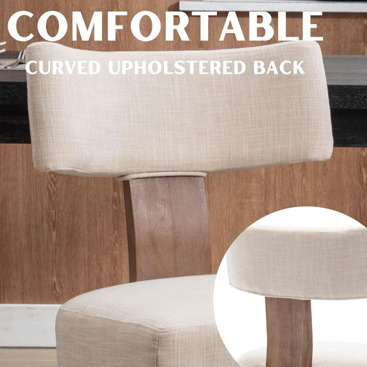 Beige Upholstered Linen Dining Armchairs Wood Legs