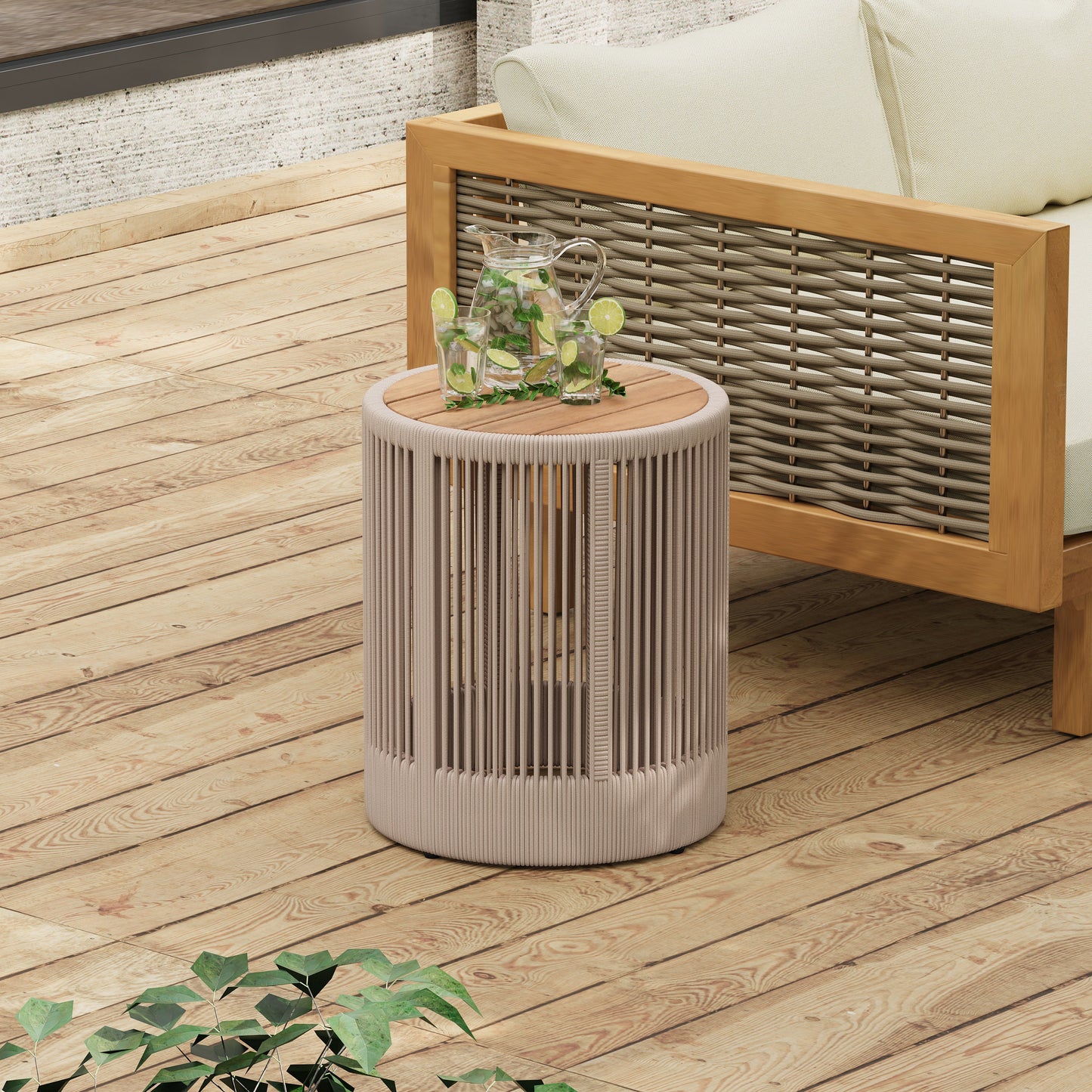 Outdoor Rattan rope & Acacia Wood Side Table - Patio Balcony Furniture for