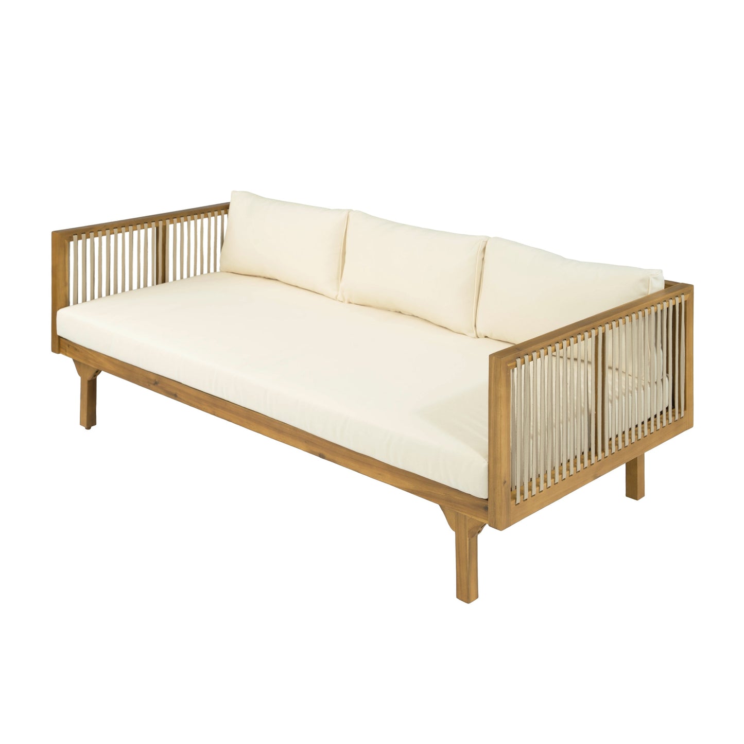 Outdoor Patio Sofa Rope Beige Cushions Teak Finish Acacia Wood
